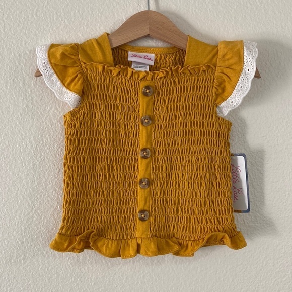 LITTLE LASS NWT Girl’s Mustard Ruffle Sleeve Shirred Top Size 2T - Picture 1 of 6